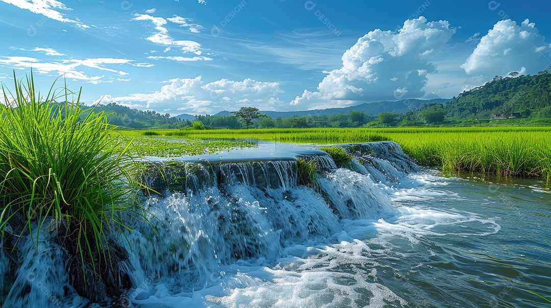 Água sendo coletada de uma barragem artificial nos campos de arroz que estão localizados próximos a um campo de arroz tailandês e palmeiras em ambos os lados do rio com céu azul e grama verde ao fundo