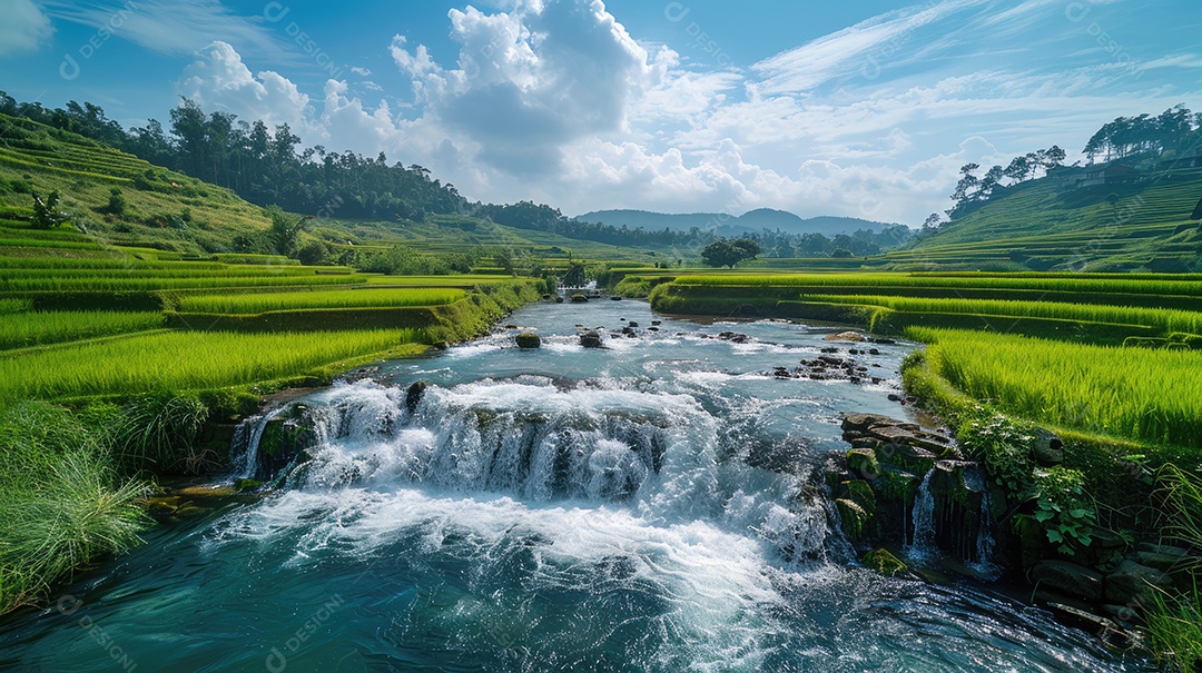 Água sendo coletada de uma barragem artificial nos campos de arroz que estão localizados próximos a um campo de arroz tailandês e palmeiras em ambos os lados do rio com céu azul e grama verde ao fundo