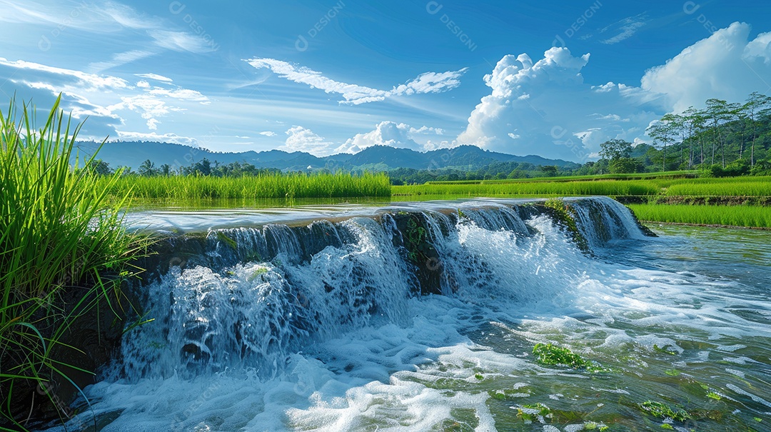 Água sendo coletada de uma barragem artificial nos campos de arroz que estão localizados próximos a um campo de arroz tailandês e palmeiras em ambos os lados do rio com céu azul e grama verde ao fundo