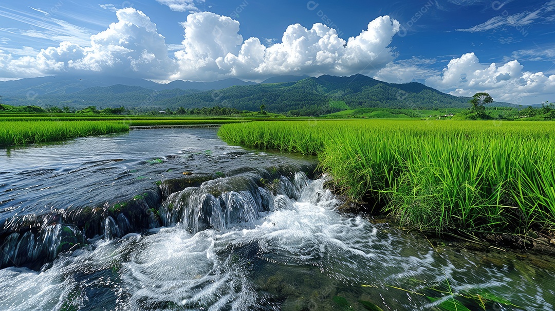 Água sendo coletada de uma barragem artificial nos campos de arroz que estão localizados próximos a um campo de arroz tailandês e palmeiras em ambos os lados do rio com céu azul e grama verde ao fundo