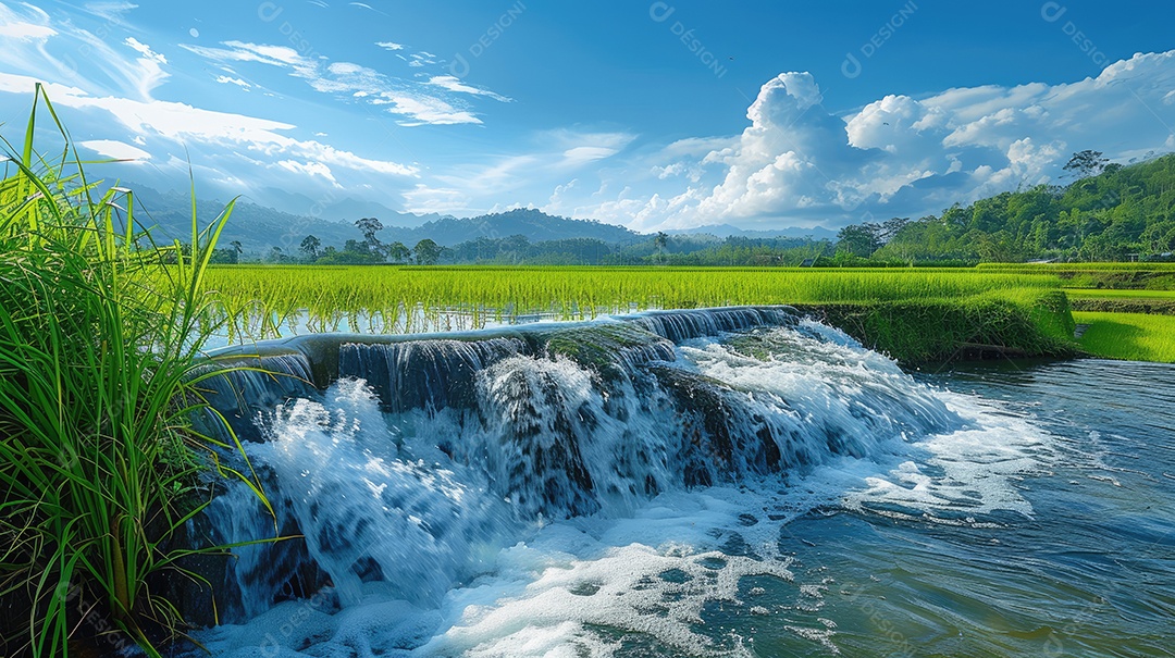 Água sendo coletada de uma barragem artificial nos campos de arroz que estão localizados próximos a um campo de arroz tailandês e palmeiras em ambos os lados do rio com céu azul e grama verde ao fundo