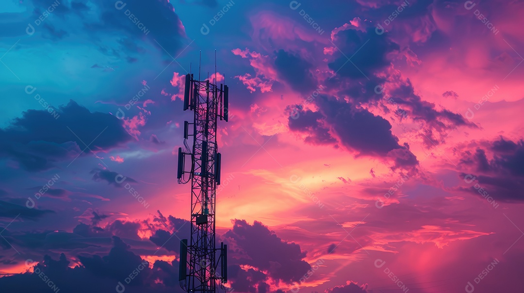 Uma alta torre de telecomunicações com um cenário vibrante de pôr do sol ou nascer do sol