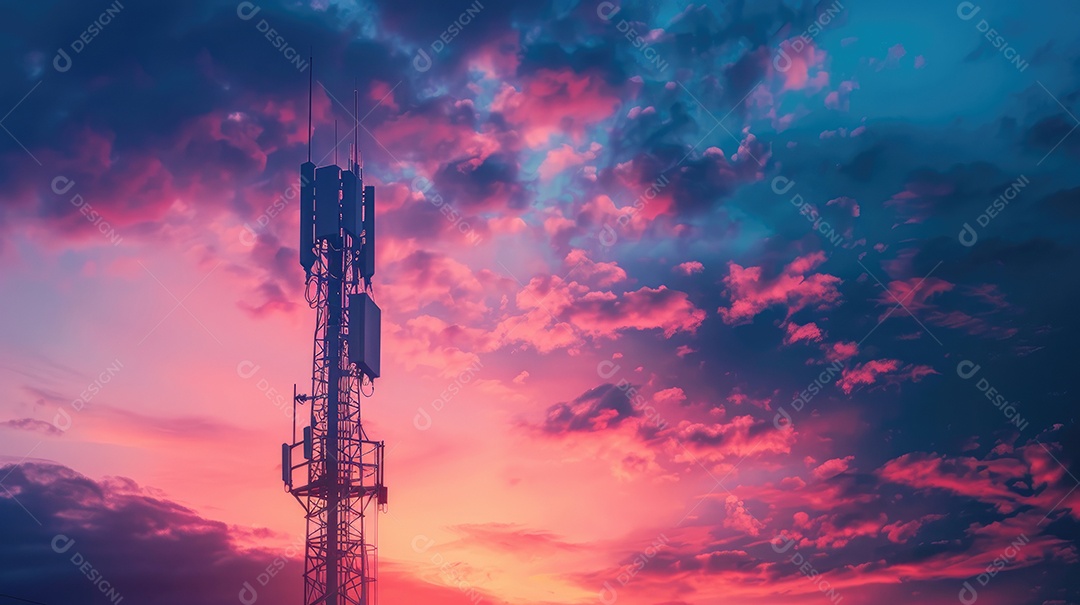 Uma alta torre de telecomunicações com um cenário vibrante de pôr do sol ou nascer do sol