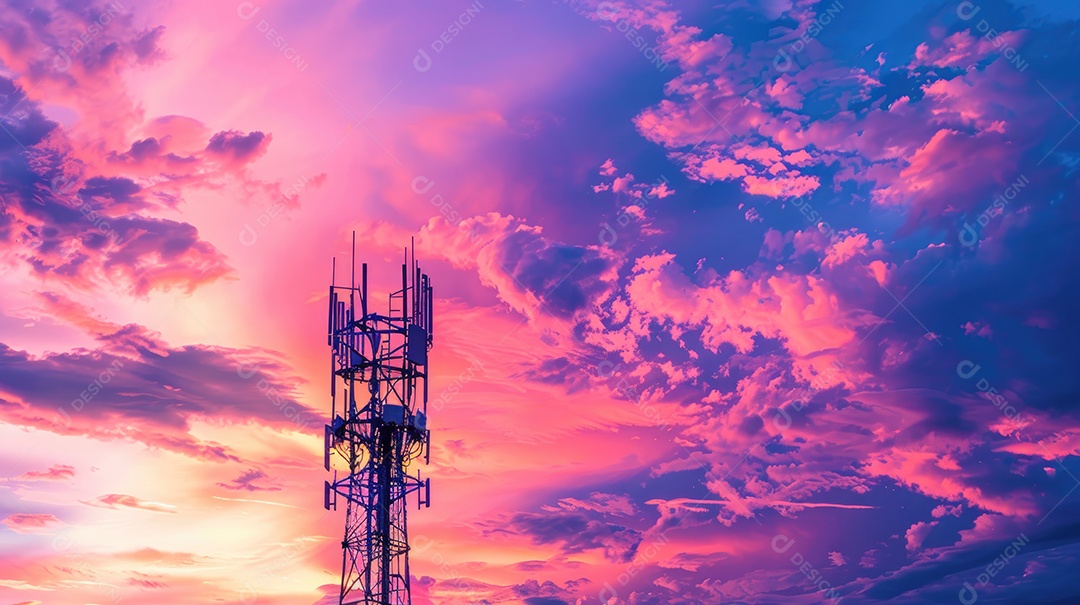 Uma alta torre de telecomunicações com um cenário vibrante de pôr do sol ou nascer do sol