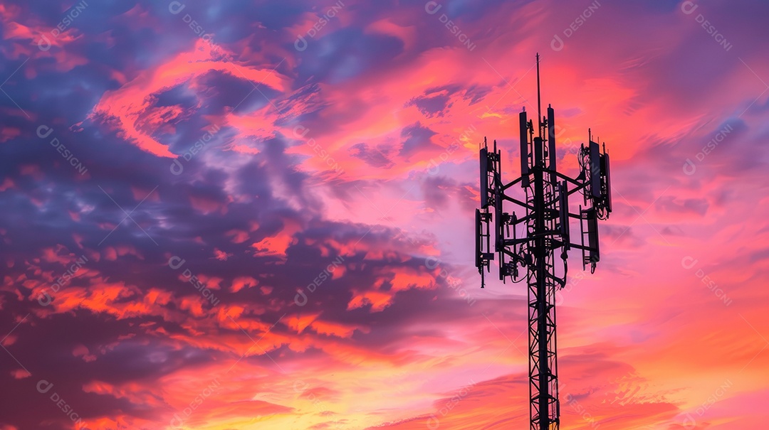 Uma alta torre de telecomunicações com um cenário vibrante de pôr do sol ou nascer do sol