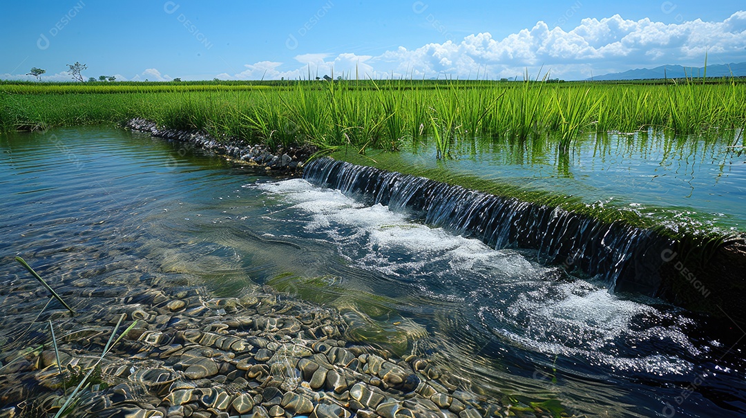 Água sendo coletada de uma barragem artificial nos campos de arroz que estão localizados próximos a um campo de arroz tailandês e palmeiras em ambos os lados do rio com céu azul e grama verde ao fundo