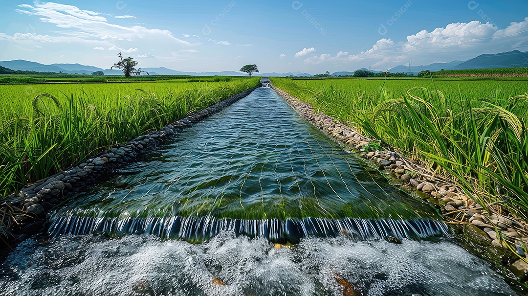 Água sendo coletada de uma barragem artificial nos campos de arroz que estão localizados próximos a um campo de arroz tailandês e palmeiras em ambos os lados do rio com céu azul e grama verde ao fundo