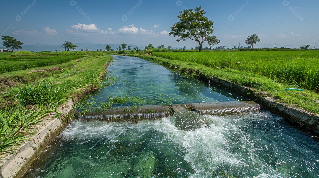 Água sendo coletada de uma barragem artificial nos campos de arroz que estão localizados próximos a um campo de arroz tailandês e palmeiras em ambos os lados do rio com céu azul e grama verde ao fundo