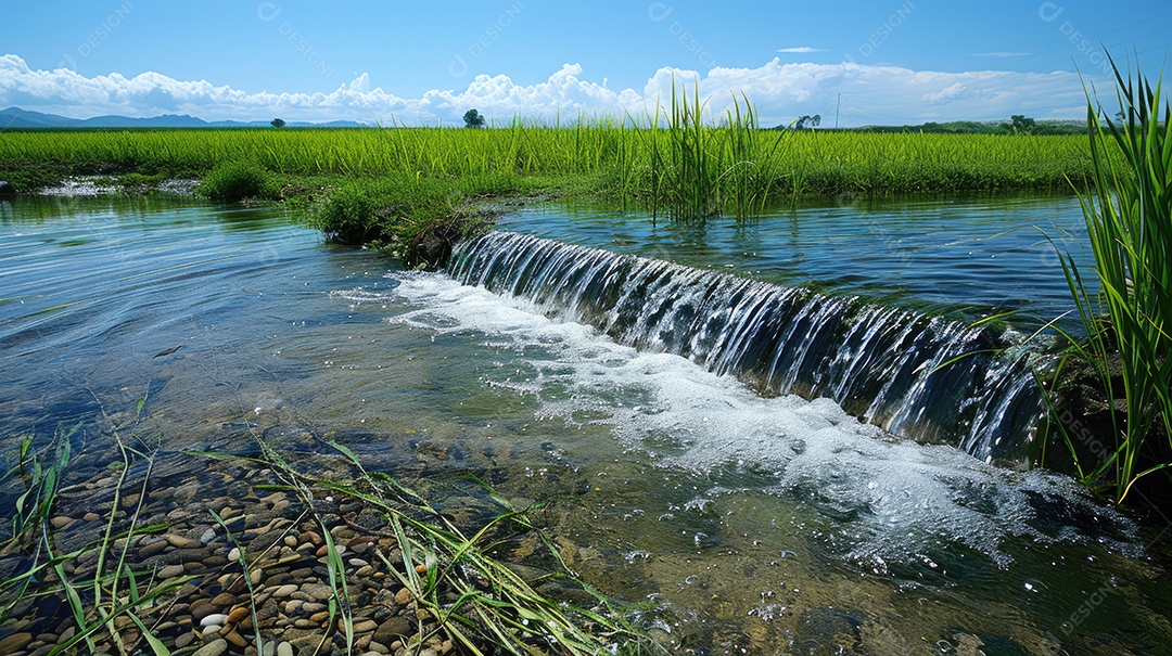 Água sendo coletada de uma barragem artificial nos campos de arroz que estão localizados próximos a um campo de arroz tailandês e palmeiras em ambos os lados do rio com céu azul e grama verde ao fundo