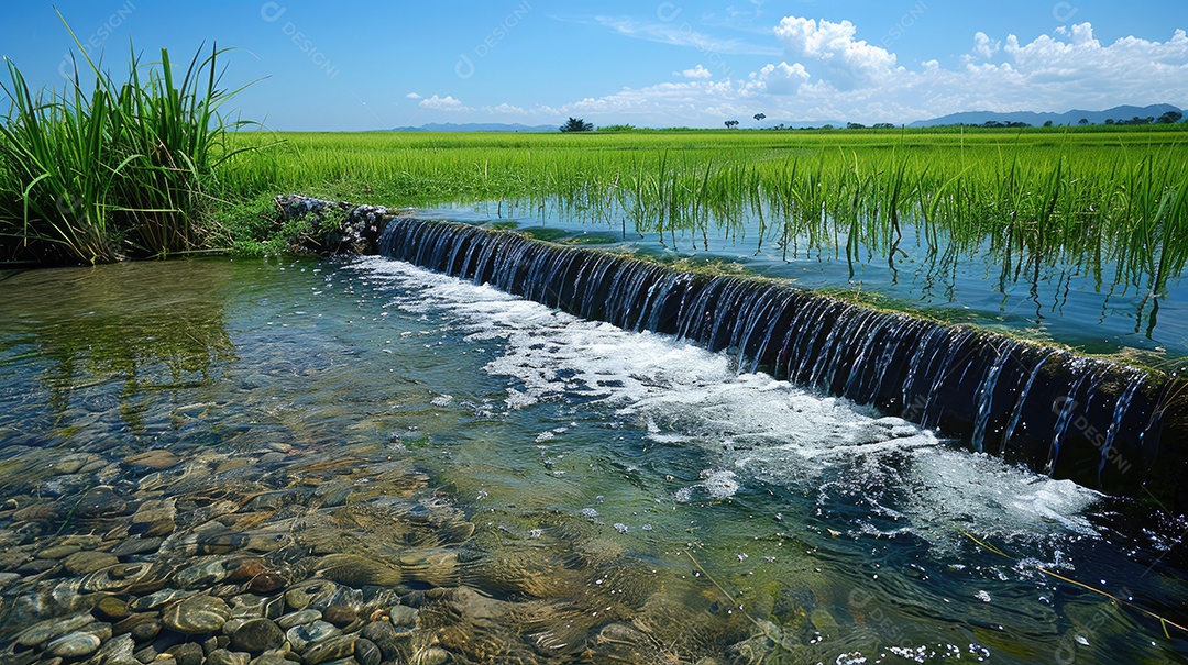 Água sendo coletada de uma barragem artificial nos campos de arroz que estão localizados próximos a um campo de arroz tailandês e palmeiras em ambos os lados do rio com céu azul e grama verde ao fundo