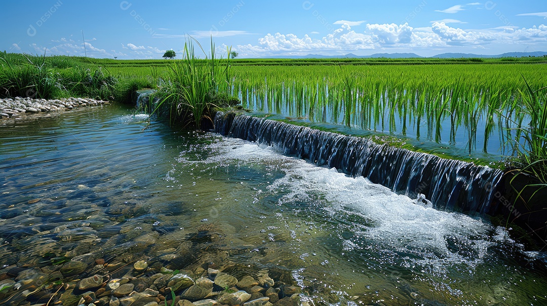 Água sendo coletada de uma barragem artificial nos campos de arroz que estão localizados próximos a um campo de arroz tailandês e palmeiras em ambos os lados do rio com céu azul e grama verde ao fundo