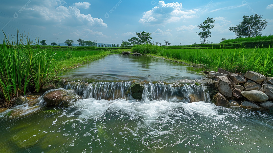 Água sendo coletada de uma barragem artificial nos campos de arroz que estão localizados próximos a um campo de arroz tailandês e palmeiras em ambos os lados do rio com céu azul e grama verde ao fundo