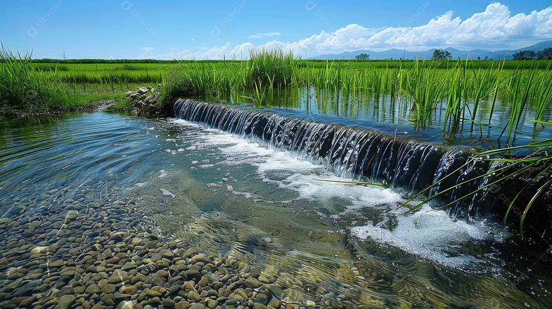 Água sendo coletada de uma barragem artificial nos campos de arroz que estão localizados próximos a um campo de arroz tailandês e palmeiras em ambos os lados do rio com céu azul e grama verde ao fundo