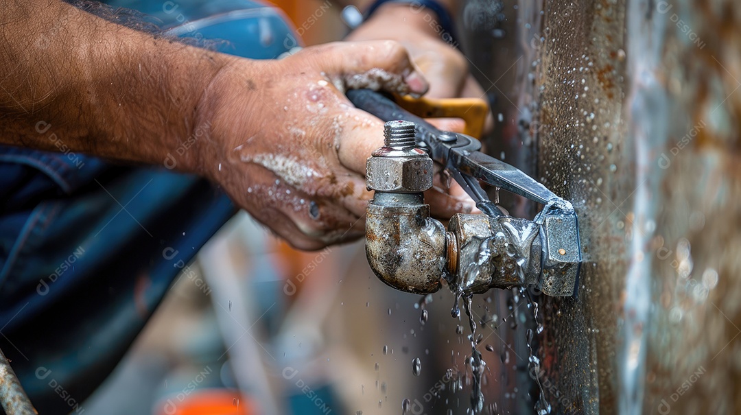 Uma chave ajustável na mão de um encanador consertando um cano de pia com vazamento