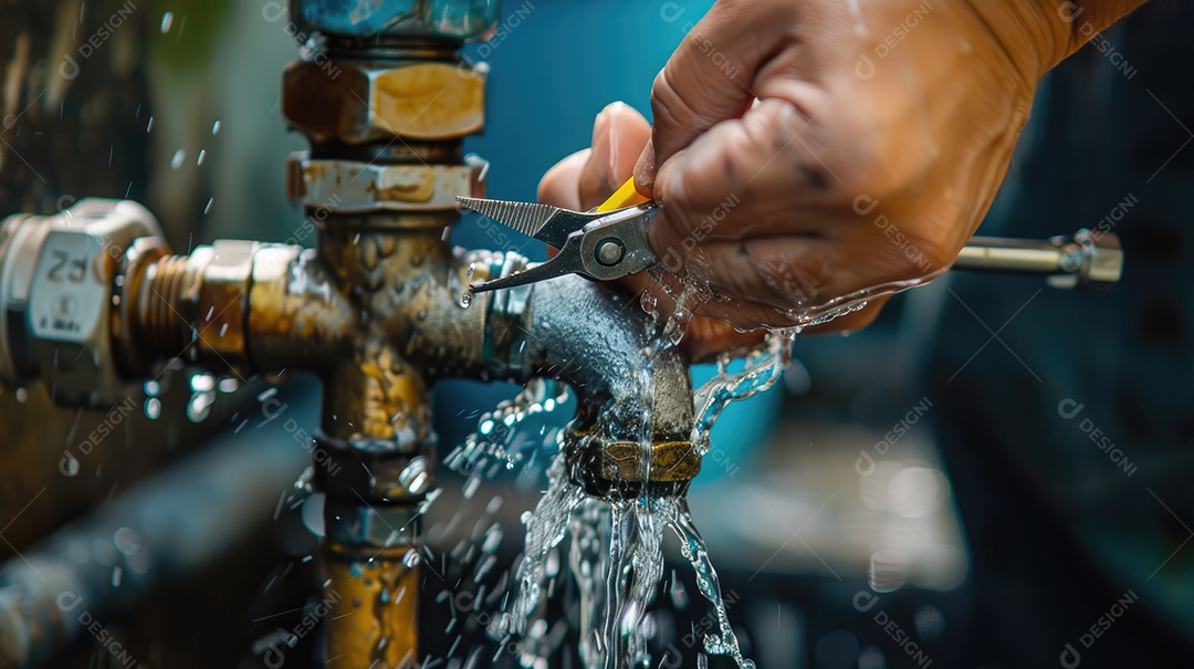 Uma chave ajustável na mão de um encanador consertando um cano de pia com vazamento