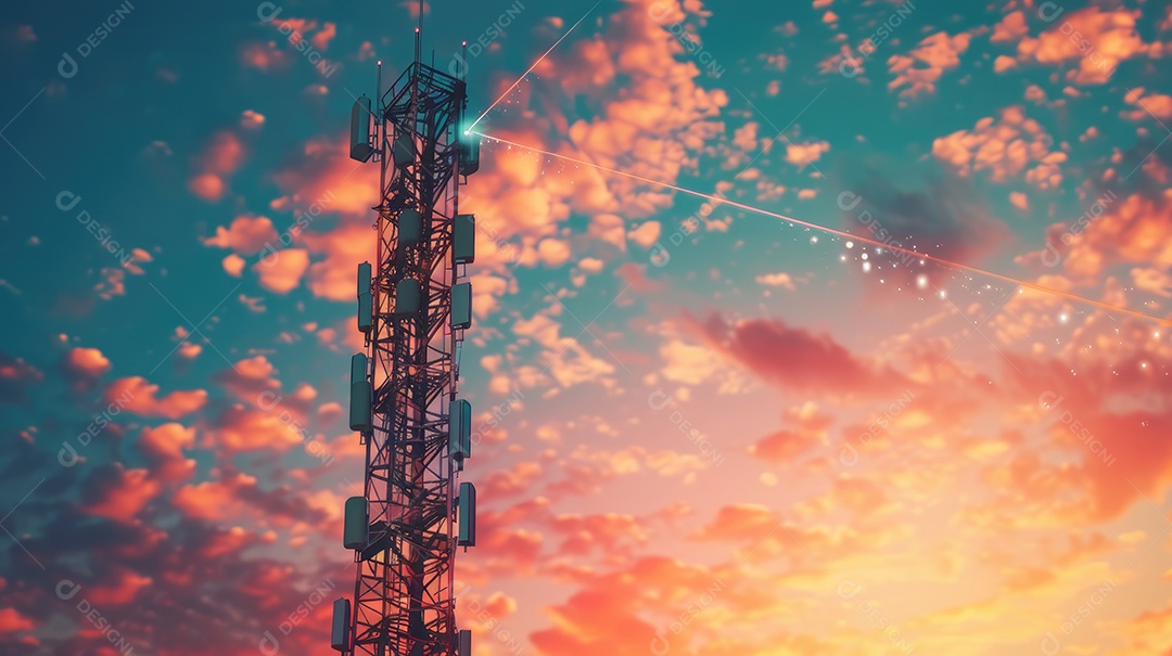 Uma alta torre de telecomunicações com um cenário vibrante de pôr do sol ou nascer do sol