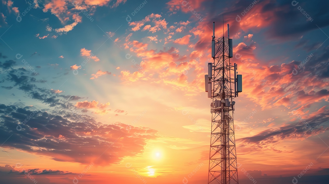 Uma alta torre de telecomunicações com um cenário vibrante de pôr do sol ou nascer do sol