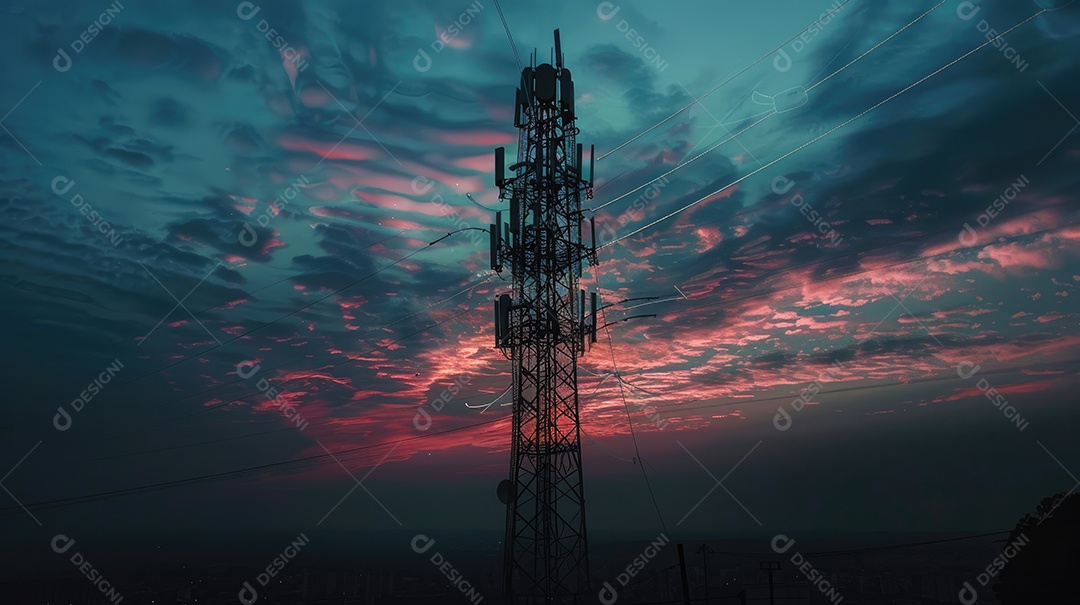 Uma alta torre de telecomunicações com um cenário vibrante de pôr do sol ou nascer do sol