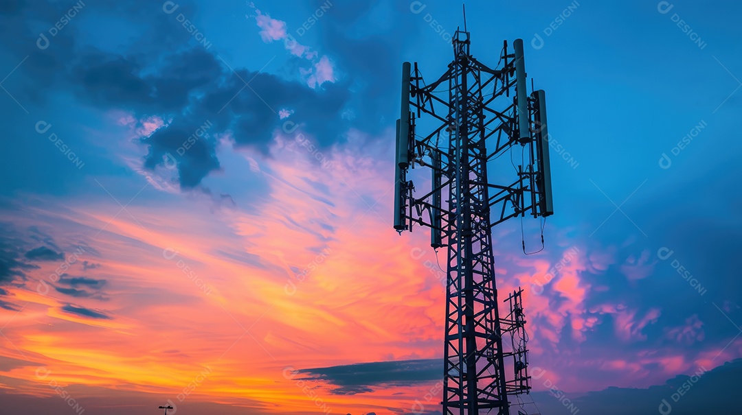 Uma alta torre de telecomunicações com um cenário vibrante de pôr do sol ou nascer do sol
