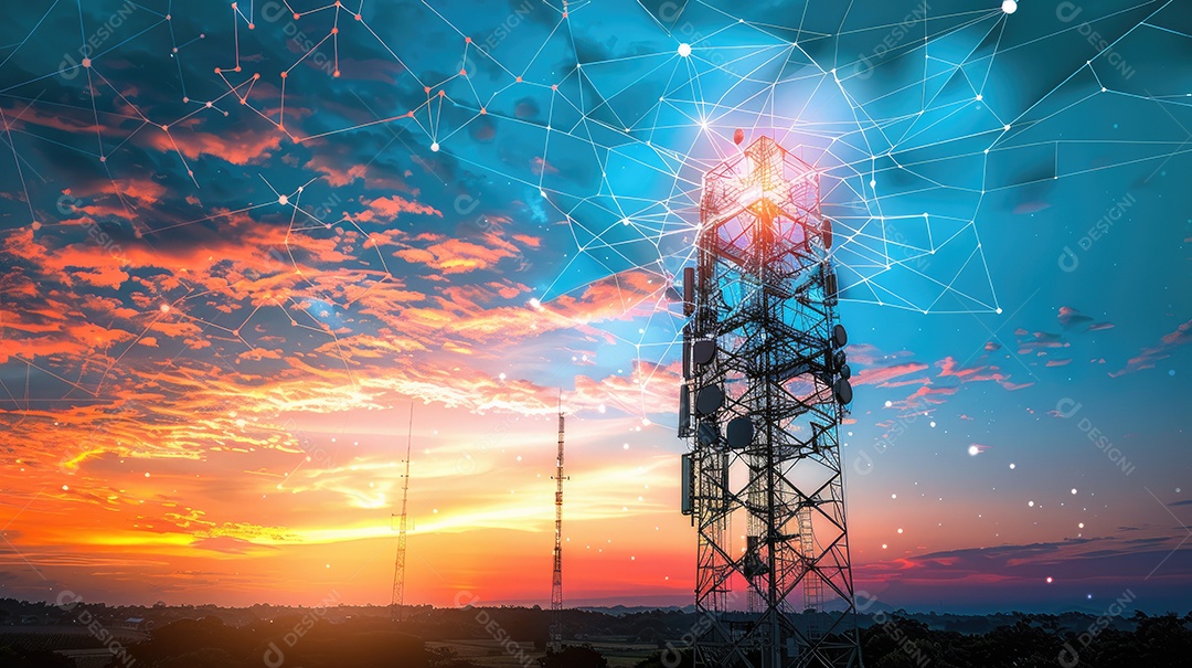 Uma alta torre de telecomunicações com um cenário vibrante de pôr do sol ou nascer do sol