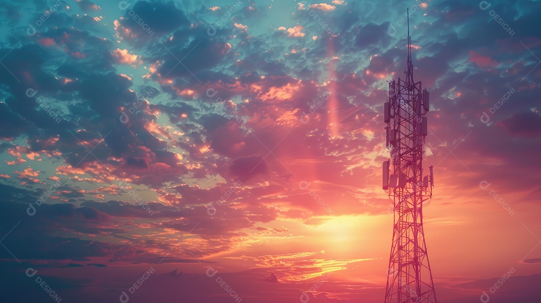Uma alta torre de telecomunicações com um cenário vibrante de pôr do sol ou nascer do sol