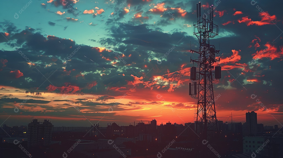 Uma alta torre de telecomunicações com um cenário vibrante de pôr do sol ou nascer do sol