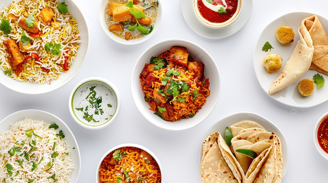 Conjunto de diferentes refeições dispostas em pratos vistas de cima contra fundo branco