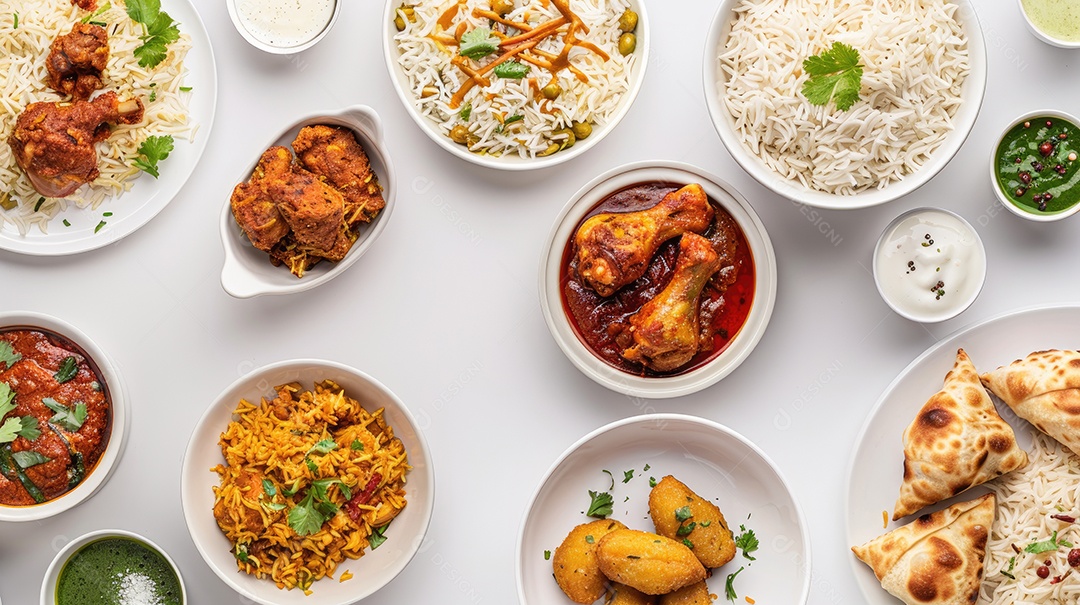 Conjunto de diferentes refeições dispostas em pratos vistas de cima contra fundo branco