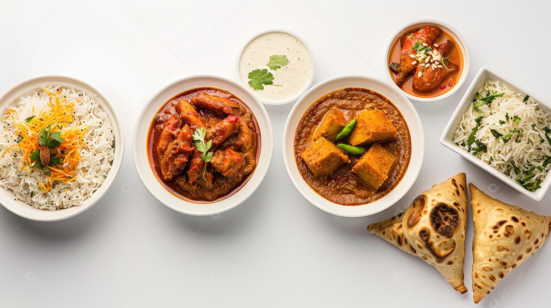 Conjunto de diferentes refeições dispostas em pratos vistas de cima contra fundo branco