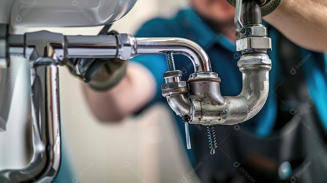Um encanador está trabalhando em um ralo entupido