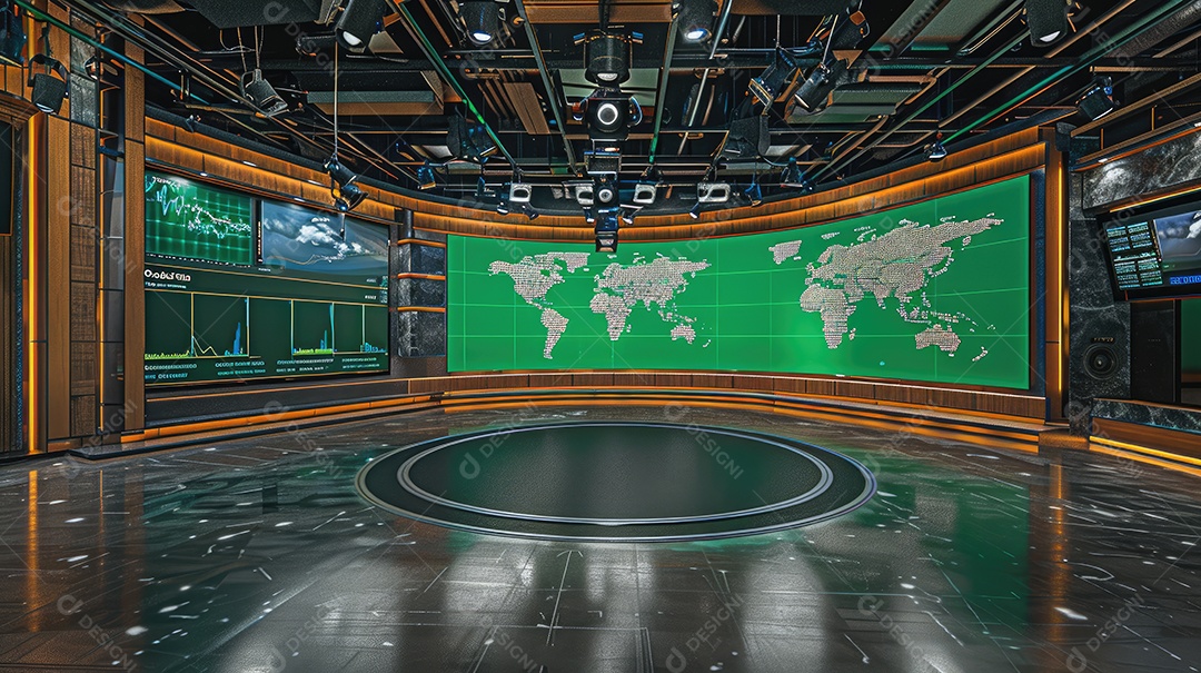 Um estúdio de TV virtual com fundo de tela verde é uma ferramenta versátil que pode ser usada para criar uma ampla gama de efeitos realistas IA