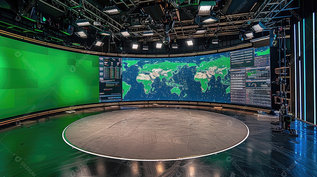 Um estúdio de TV virtual com fundo de tela verde é uma ferramenta versátil que pode ser usada para criar uma ampla gama de efeitos realistas IA