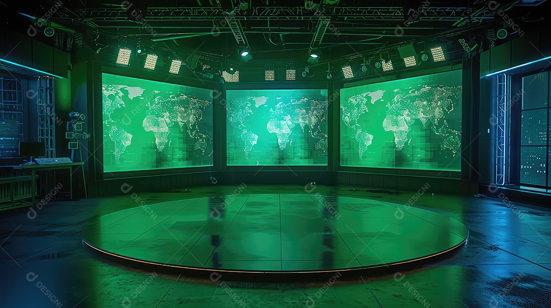 Um estúdio de TV virtual com fundo de tela verde é uma ferramenta versátil que pode ser usada para criar uma ampla gama de efeitos realistas IA