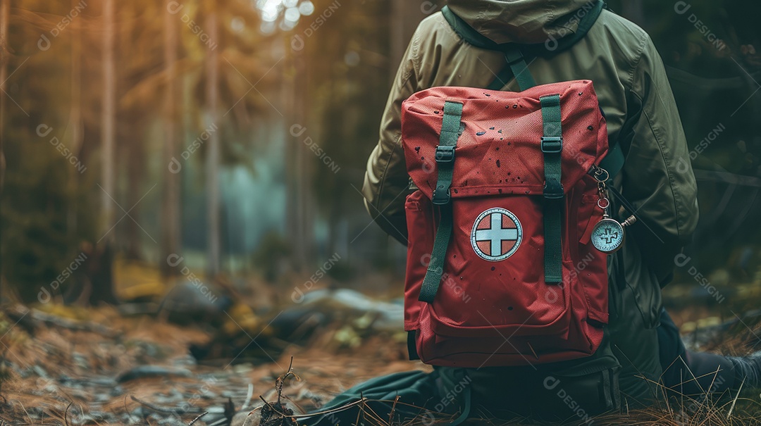 Foto de alta qualidade de uma mochila com uma bússola e um kit de primeiros socorros ilustrando um navegador na taiga e medicamentos de emergência em uma bolsa vermelha com uma cruz branca