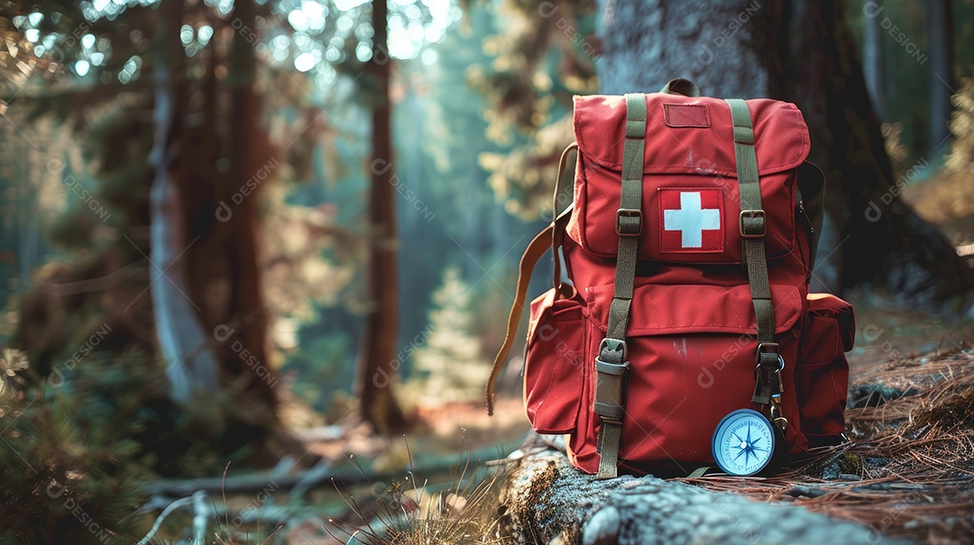 Foto de alta qualidade de uma mochila com uma bússola e um kit de primeiros socorros ilustrando um navegador na taiga e medicamentos de emergência em uma bolsa vermelha com uma cruz branca
