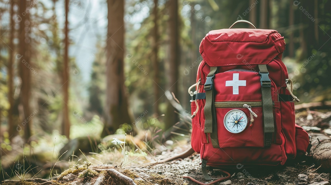 Foto de alta qualidade de uma mochila com uma bússola e um kit de primeiros socorros ilustrando um navegador na taiga e medicamentos de emergência em uma bolsa vermelha com uma cruz branca