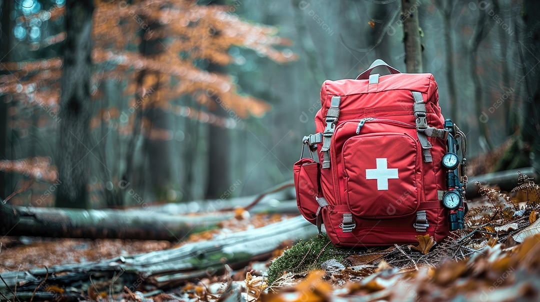 Foto de alta qualidade de uma mochila com uma bússola e um kit de primeiros socorros ilustrando um navegador na taiga e medicamentos de emergência em uma bolsa vermelha com uma cruz branca