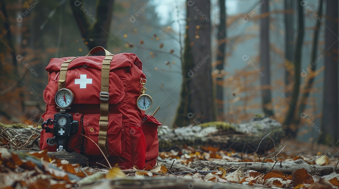 Foto de alta qualidade de uma mochila com uma bússola e um kit de primeiros socorros ilustrando um navegador na taiga e medicamentos de emergência em uma bolsa vermelha com uma cruz branca