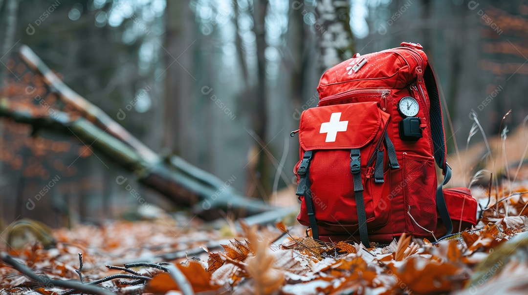 Foto de alta qualidade de uma mochila com uma bússola e um kit de primeiros socorros ilustrando um navegador na taiga e medicamentos de emergência em uma bolsa vermelha com uma cruz branca
