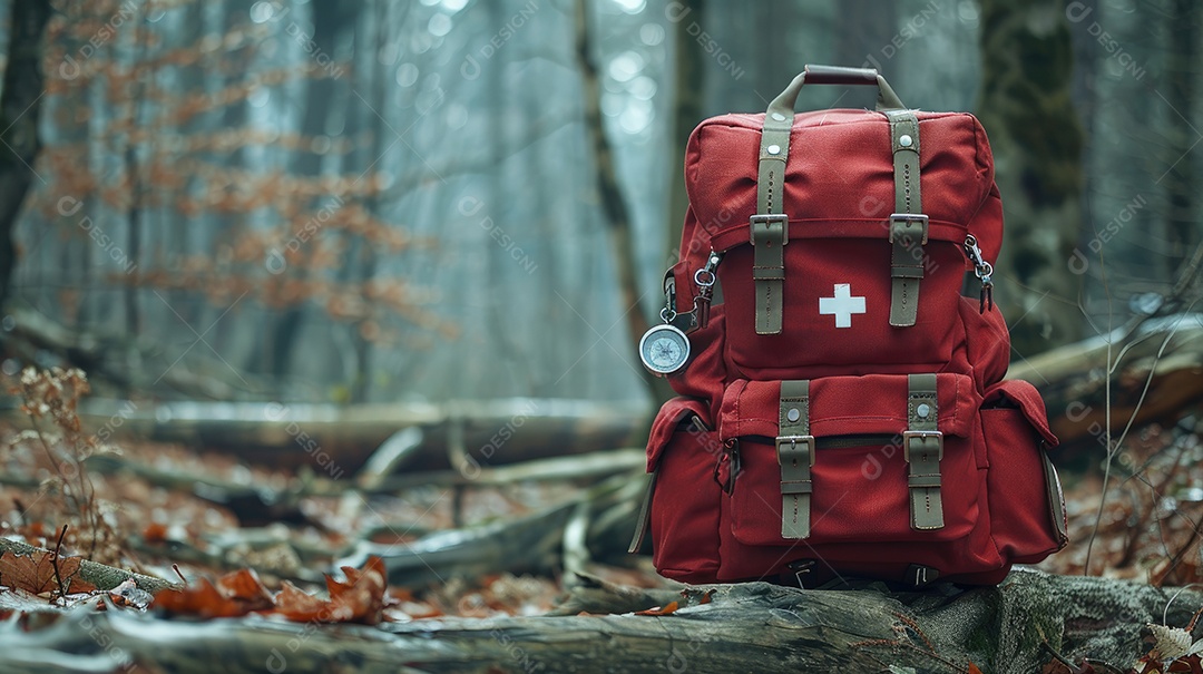 Foto de alta qualidade de uma mochila com uma bússola e um kit de primeiros socorros ilustrando um navegador na taiga e medicamentos de emergência em uma bolsa vermelha com uma cruz branca