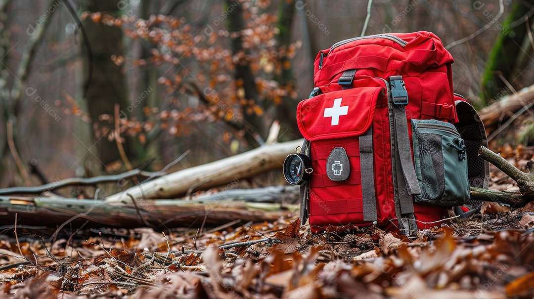 Foto de alta qualidade de uma mochila com uma bússola e um kit de primeiros socorros ilustrando um navegador na taiga e medicamentos de emergência em uma bolsa vermelha com uma cruz branca