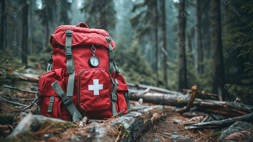 Foto de alta qualidade de uma mochila com uma bússola e um kit de primeiros socorros ilustrando um navegador na taiga e medicamentos de emergência em uma bolsa vermelha com uma cruz branca