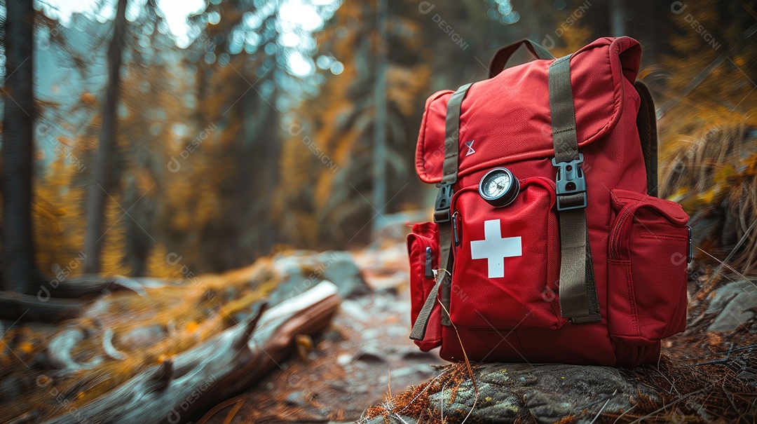Foto de alta qualidade de uma mochila com uma bússola e um kit de primeiros socorros ilustrando um navegador na taiga e medicamentos de emergência em uma bolsa vermelha com uma cruz branca