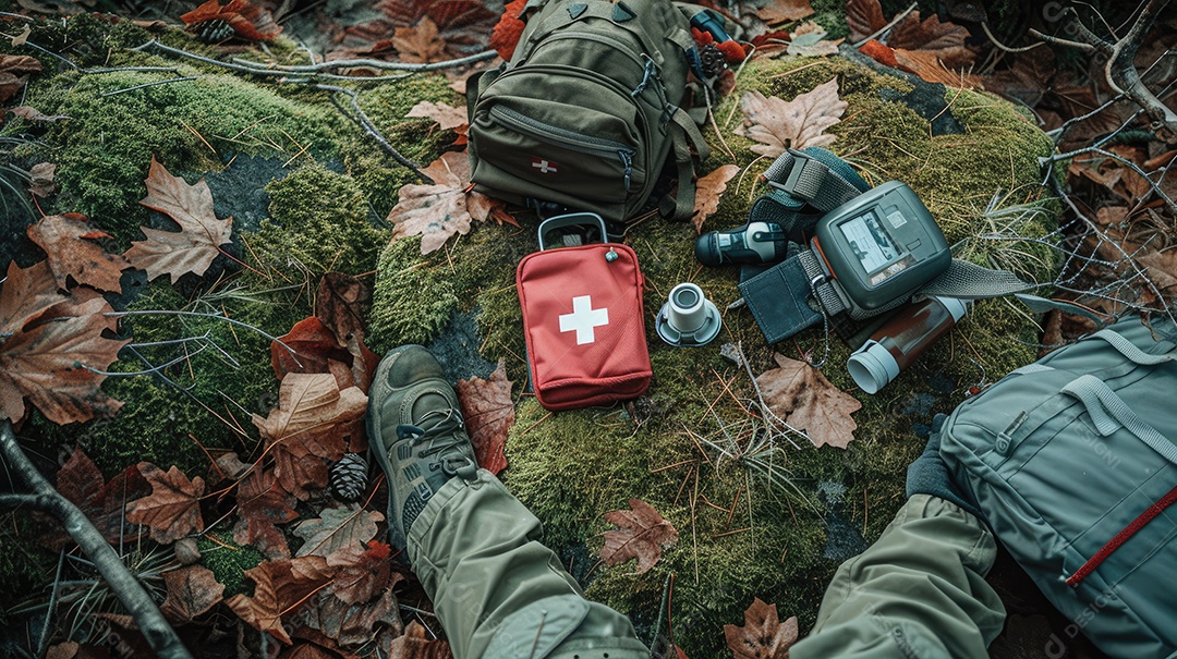 Foto de alta qualidade de uma mochila com uma bússola e um kit de primeiros socorros ilustrando um navegador na taiga e medicamentos de emergência em uma bolsa vermelha com uma cruz branca