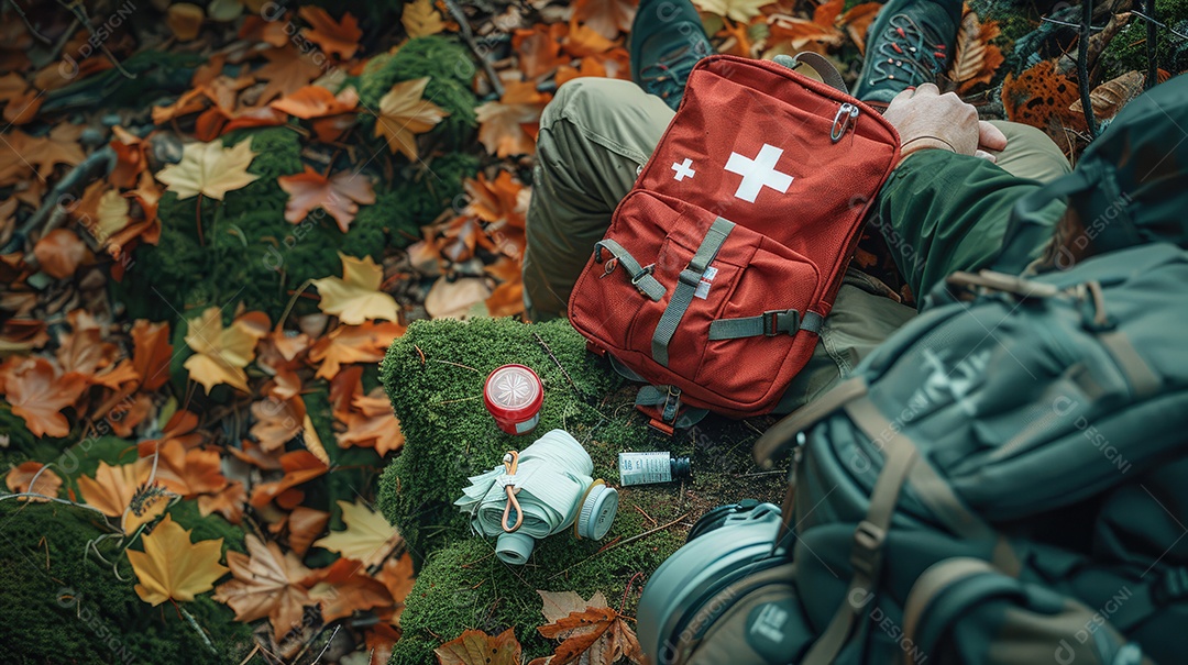 Foto de alta qualidade de uma mochila com uma bússola e um kit de primeiros socorros, ilustrando um navegador na taiga e medicamentos de emergência em uma bolsa vermelha com uma cruz branca