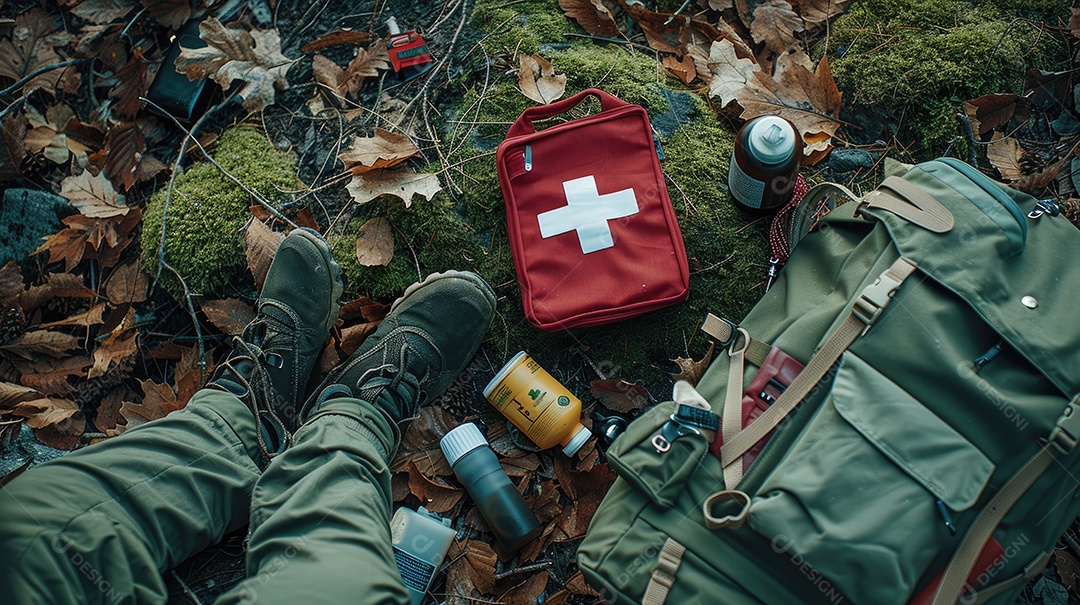 Foto de alta qualidade de uma mochila com uma bússola e um kit de primeiros socorros, ilustrando um navegador na taiga e medicamentos de emergência em uma bolsa vermelha com uma cruz branca