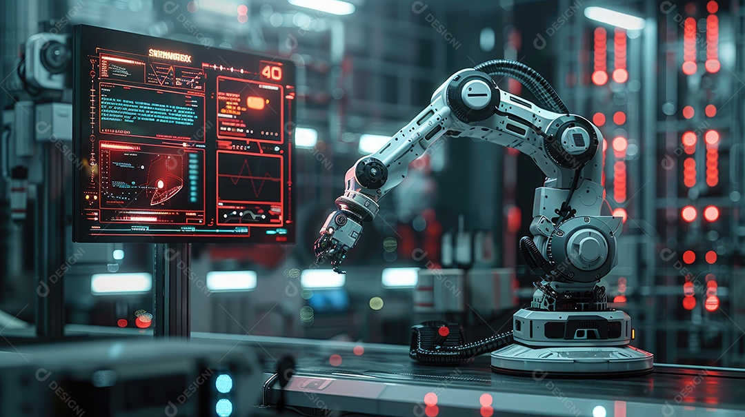 Uma fábrica de robôs com robôs trabalhando em uma tela azul