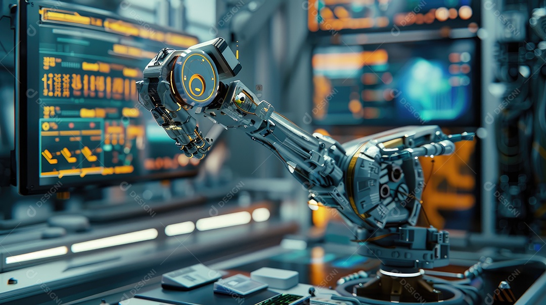 Uma fábrica de robôs com robôs trabalhando em uma tela azul