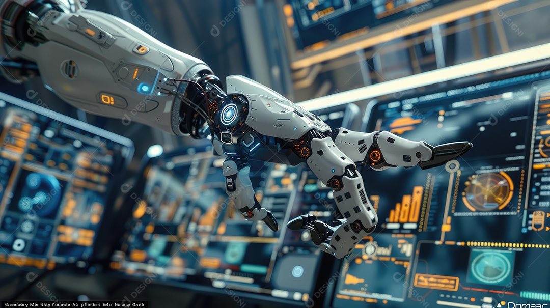 Uma fábrica de robôs com robôs trabalhando em uma tela azul