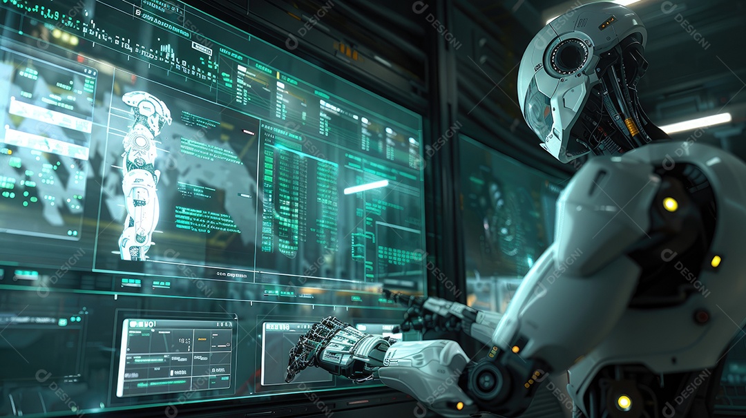 Uma fábrica de robôs com robôs trabalhando em uma tela azul